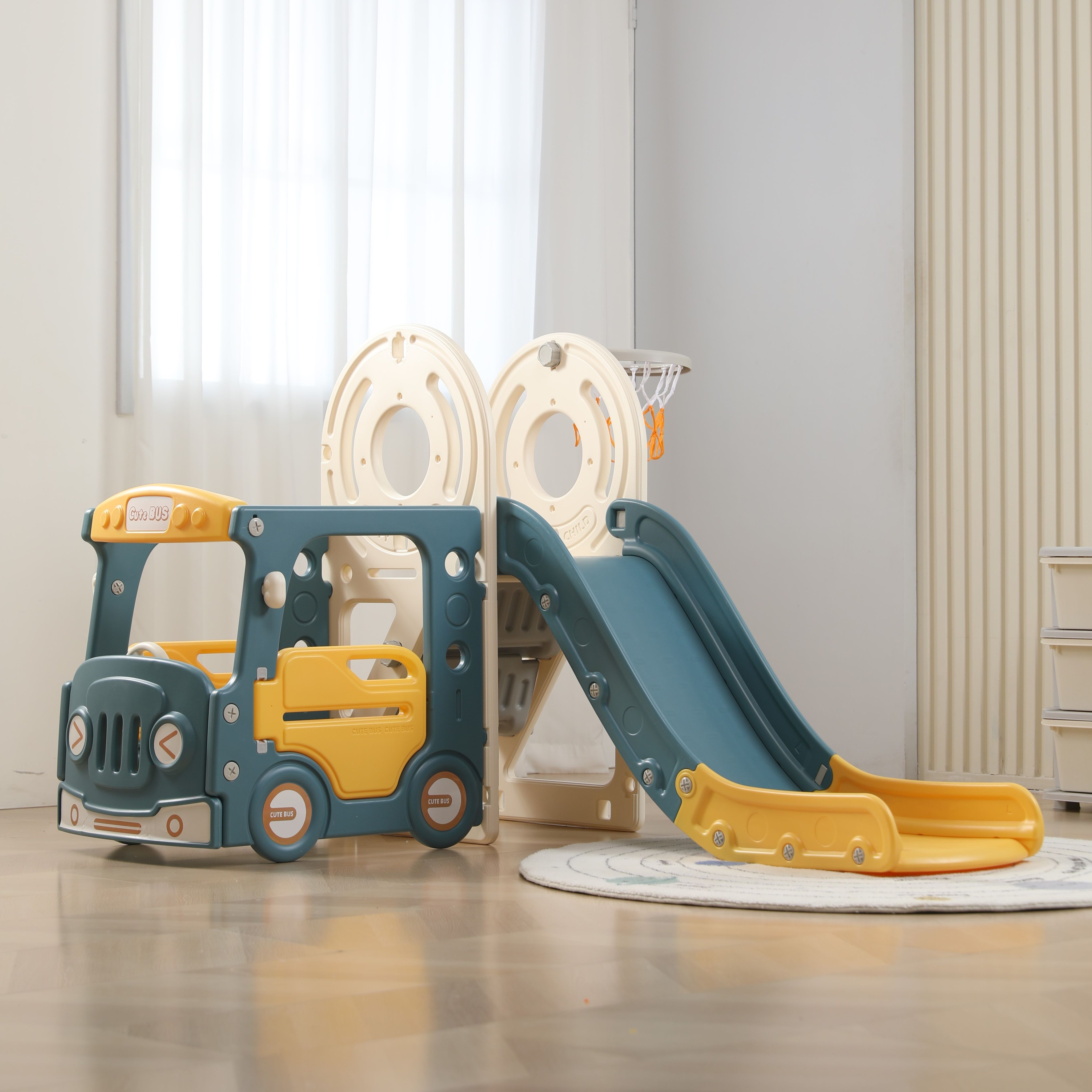 Игровой комплекс для детей с горкой UNIX Kids Bus (171 см) Yellow для дома и улицы, машинка с горкой и баскетбольным кольцом, автобус, желтый/синий