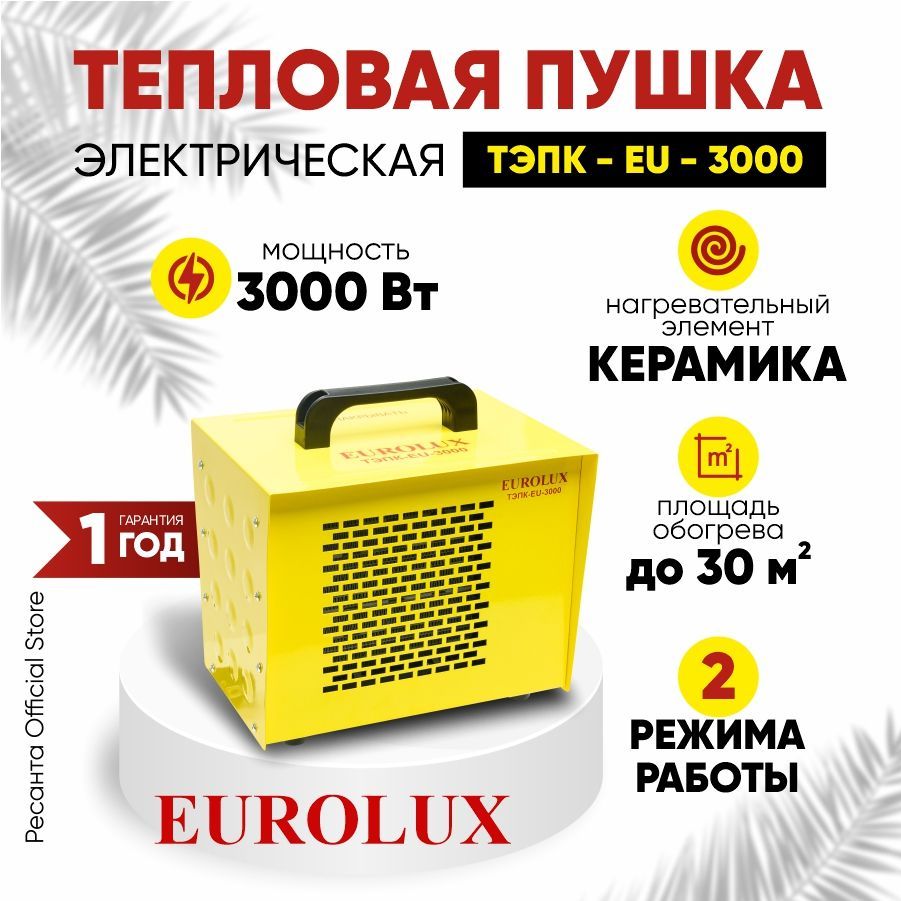 Тепловая электрическая пушка ТЭПК-EU-3000 Eurolux - керамический нагревательный элемент, квадратная