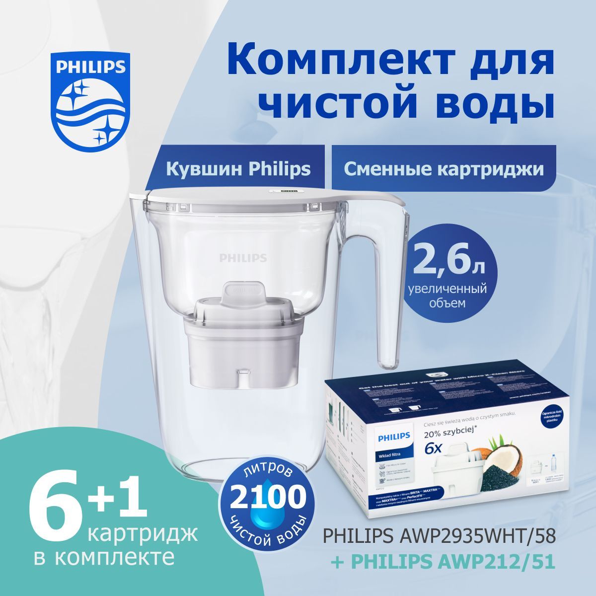 Комплект фильтр-кувшин для очистки воды Philips AWP2935WHT, 2.6л+сменные картриджи AWP2121, 6шт