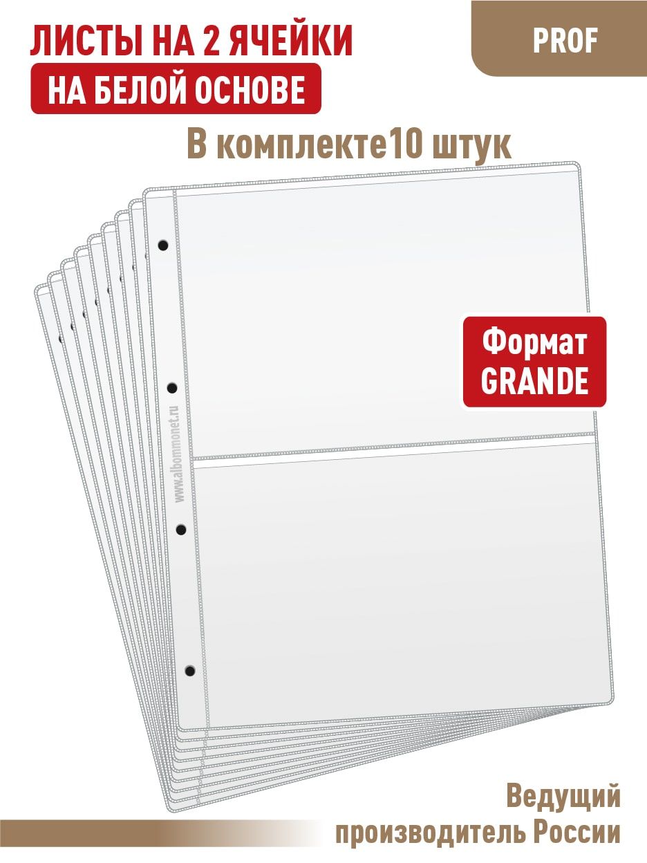 Комплект из 10 листов "ПРОФ" для хранения бон (банкнот) на 2 ячейки, односторонние на белой основе. Формат GRAND. Размер 250х310 мм