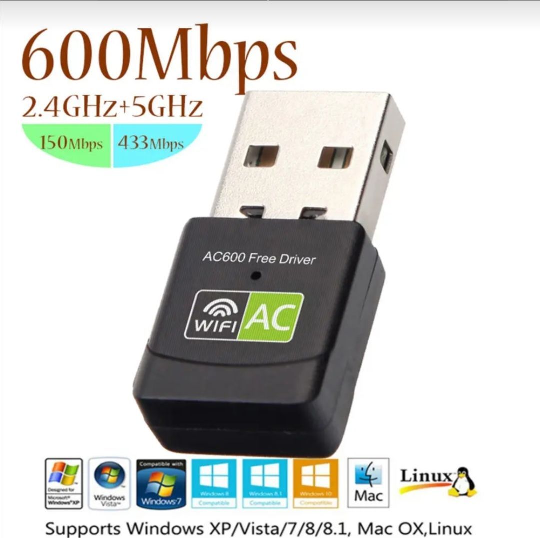 Адаптер Wi-Fi USB беспроводной, двух диапазонный, скорость до 600Mbit/s,  802.11ac, 2,4 и 5 ГГЦ компьютера 600 Мбит/с Wi-fi приемник подключи и играй  AC сетевая карта для пк. - купить с доставкой по