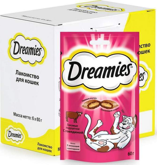 Лакомство Dreamies, подушечки с говядиной, для кошек, 60 гр х 6 шт ...