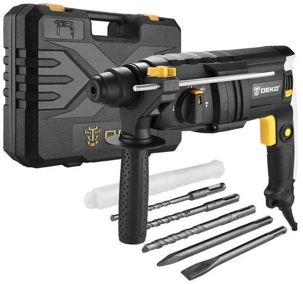Перфоратор Deko DKH850W в кейсе с набором из 5 буров SDS черно-желтый ...
