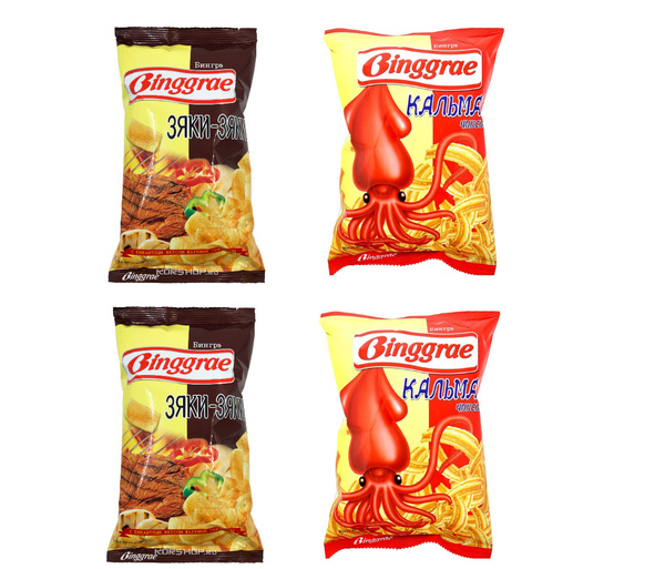 Чипсы Binggrae, со вкусом Кальмар и Зяки-Зяки, 4 упаковки по 50 грамм ...