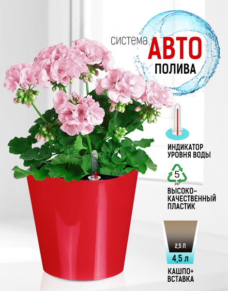 Горшок для цветов, кашпо с автополивом Акиби Комфорт, красный, 4,5 л ...