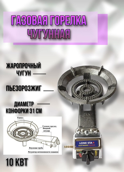 Горелка газовая чугунная для казана, 31см, 10 квт (поставляется без ...
