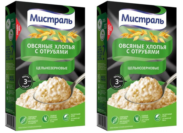 Мистраль Хлопья Овсяные с отрубями, цельнозерновые, 400 г, 2 шт ...