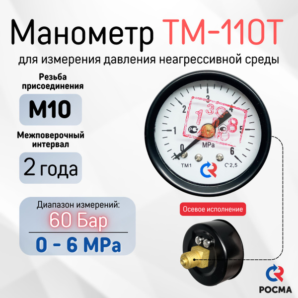 Манометр ТМ-110T.00 (0 - 6,0 МПа), М 10х1, класс точности-2,5, РОСМА ...