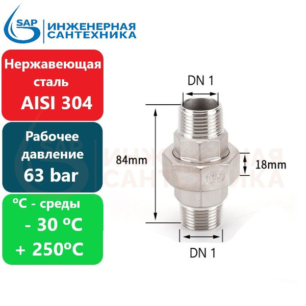 Американка DN 1-1 НН-Резьба из Нержавеющей стали AISI 304, AMDN1-1 NR ...