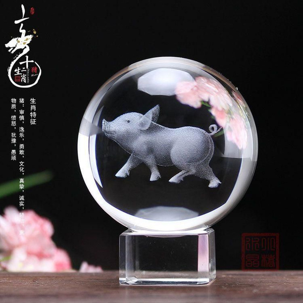 Характеристики Стеклянный Шар с 3D гравировкой "Свинья", Фэн-Шуй ...