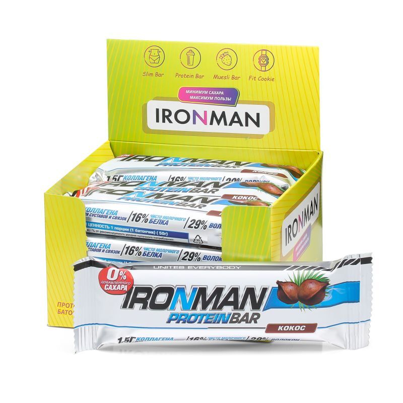 Протеиновый батончик "IRONMAN" Protein Bar с коллагеном БЕЗ САХАРА, 50 ...