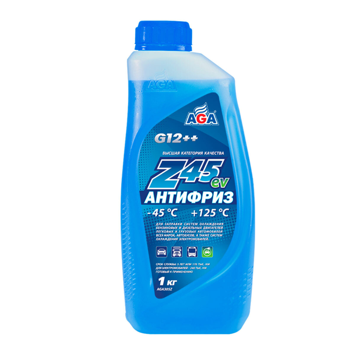 Антифриз синий G12++ AGA305Z, 1 кг., -45С +125С, ANTIFREEZE HYBRID,  антифриз для электрических автомобилей, охлаждающая жидкость для электричек