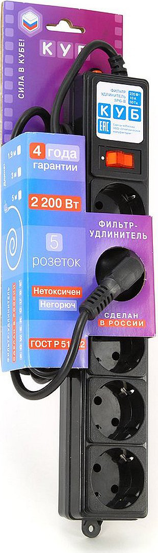 Сетевой фильтр POWERCUBE SPG-B-6-BLACK(ОТКР), 5 розеток, 1.9 м, 10 А ...