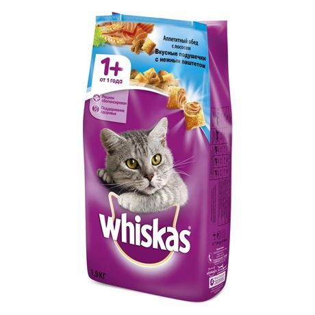 КормсухойполнорационныйWhiskasдлявзрослыхкошекВкусныеподушечкиснежнымпаштетом.Аппетитныйобедслососем,1.9кг,2упаковки