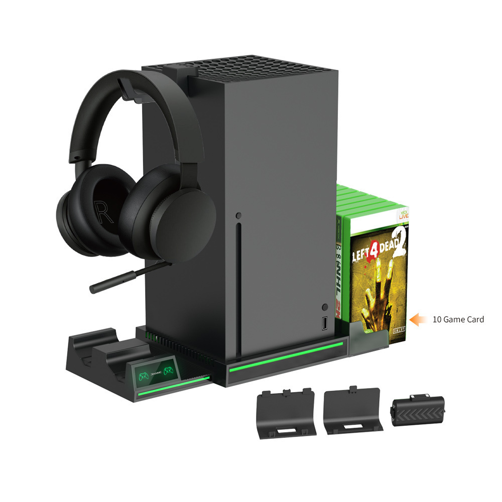 Многофункциональный стенд для Xbox series X, с индикаторами и охлаждением + зарядная станция для 2-х геймпадов + держатель для дисков + 2 аккумулятора