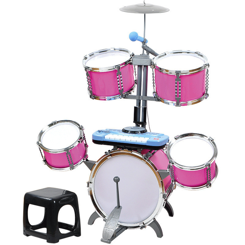 Барабанная установка детская розовая с синтезатором и микрофоном, пять ...