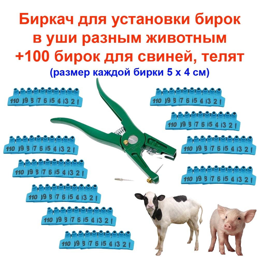 Биркач (щипцы, инструмент) для установки бирок в уши с/х животным +100 бирок в уши для свиней, поросят, телят