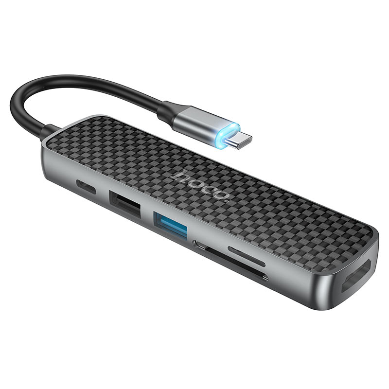 Хаб концентратор Type-C на HDMI + USB3.0 + USB2.0 + SD + TF + PD  Hoco HB24 6-in1 // переходник разветвитель для Apple MacBook