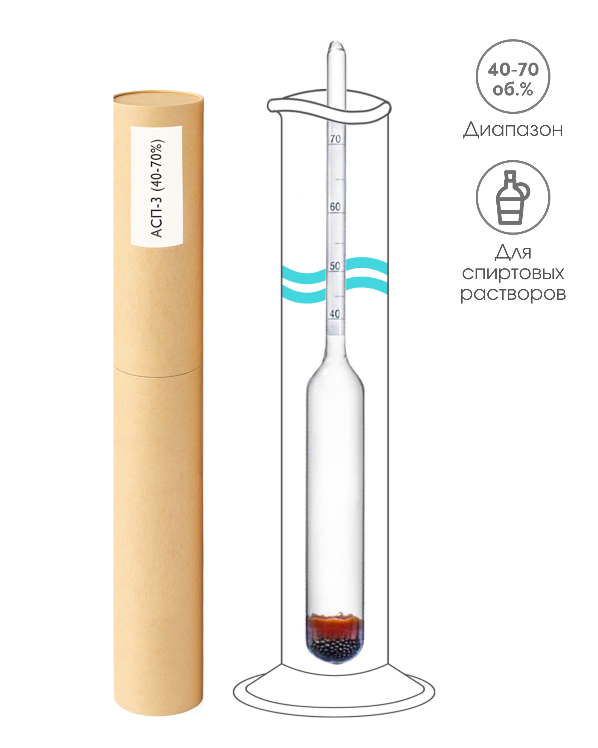 Ареометр для спирта АСП-3 (40%-70%) / Профессиональный спиртомер по ГОСТ 18481-81.