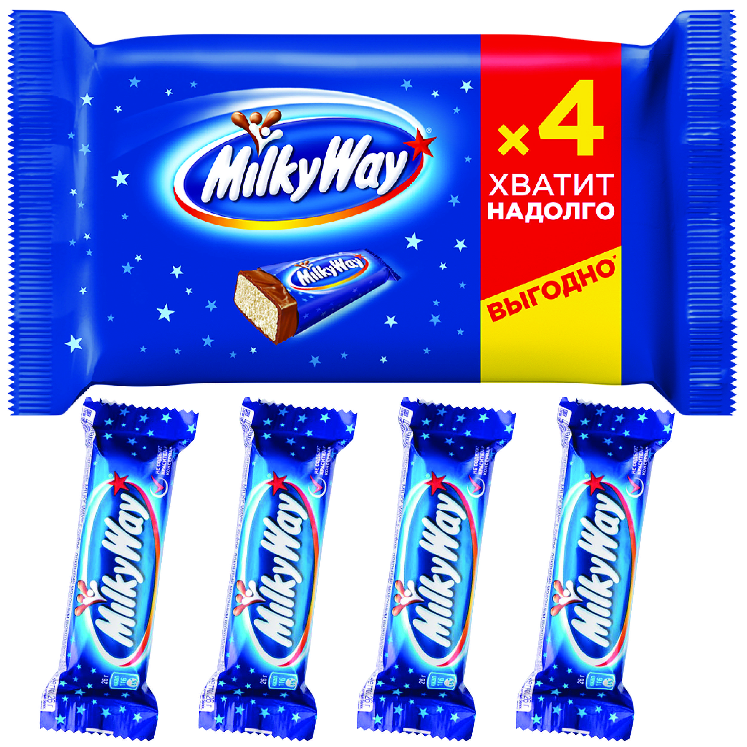 Шоколадные батончики Milky Way, 4 шт по 26 г , Нуга, молочный шоколад