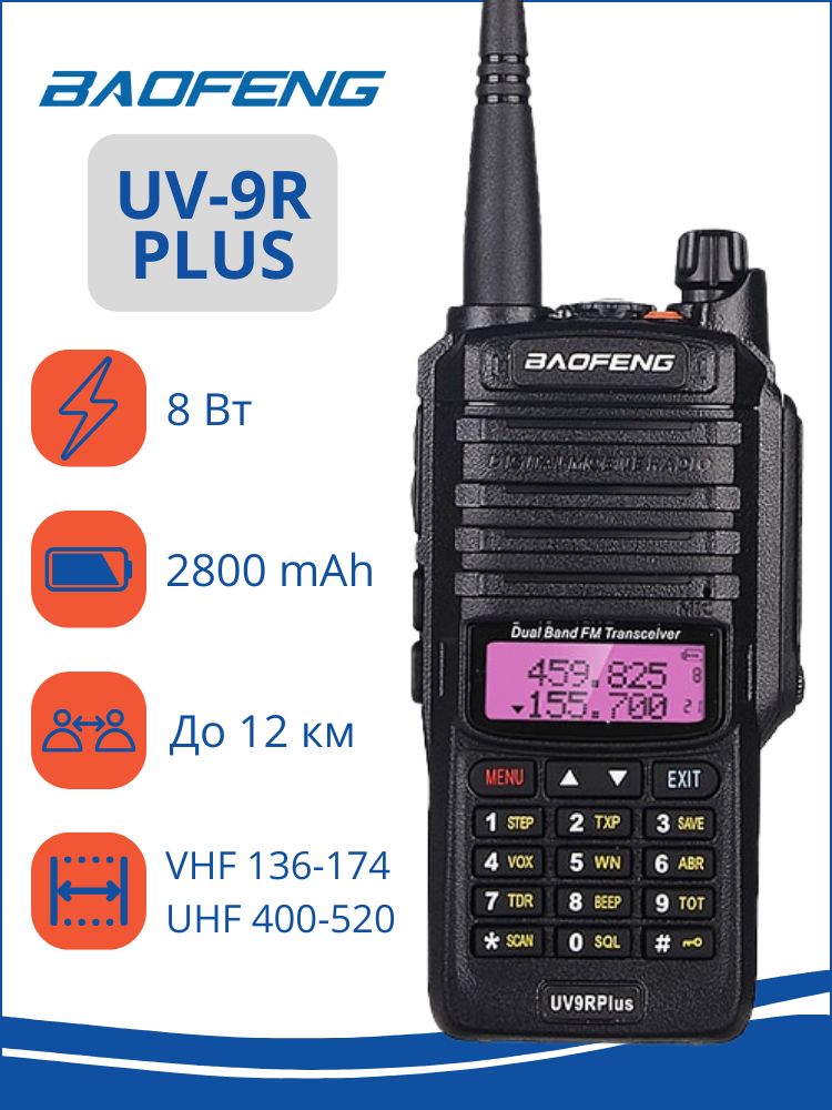 Рация (радиостанция) Baofeng UV-9R PLUS 8W, черная