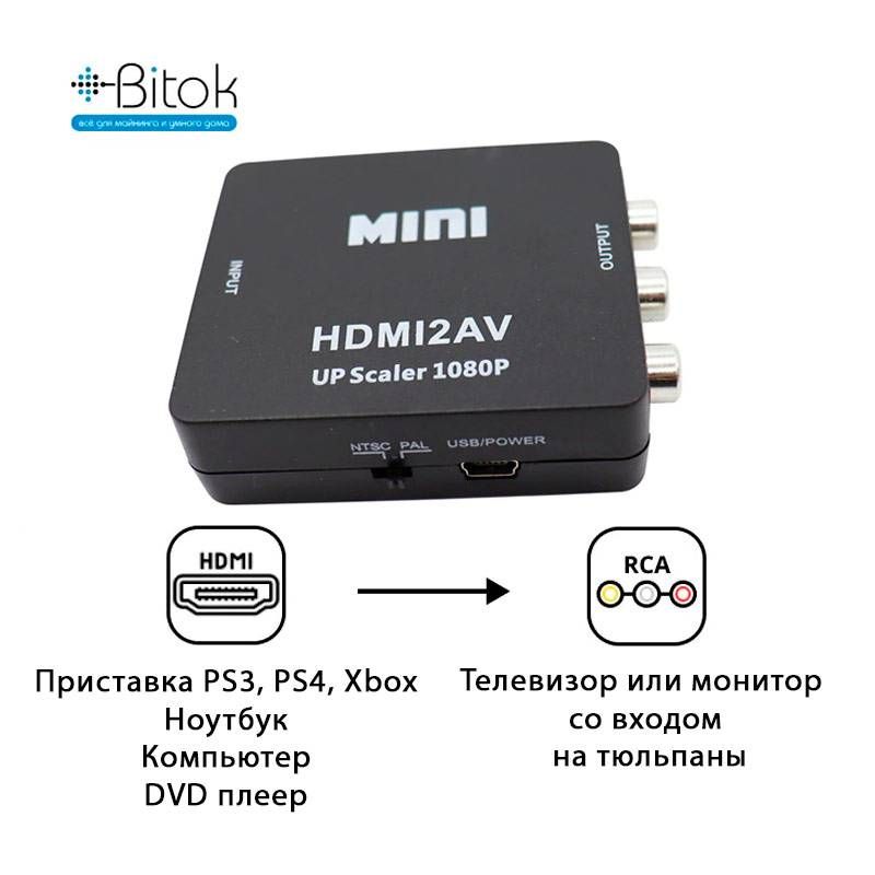 КонвертерHDMIнаAV(RCA)-HDMI2AVпереходникчерный/Конвертервидеосигнала/адаптер