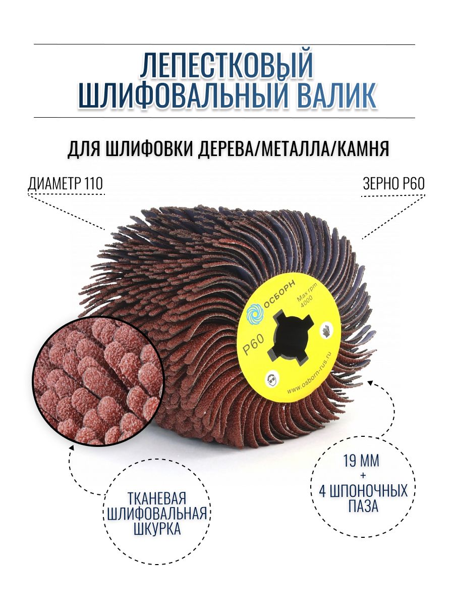 ОСБОРН Лепестковый шлифовальный валик Д110 гибкий абразивная ткань P60 на  щеточные шлифмашины (код 6-051)