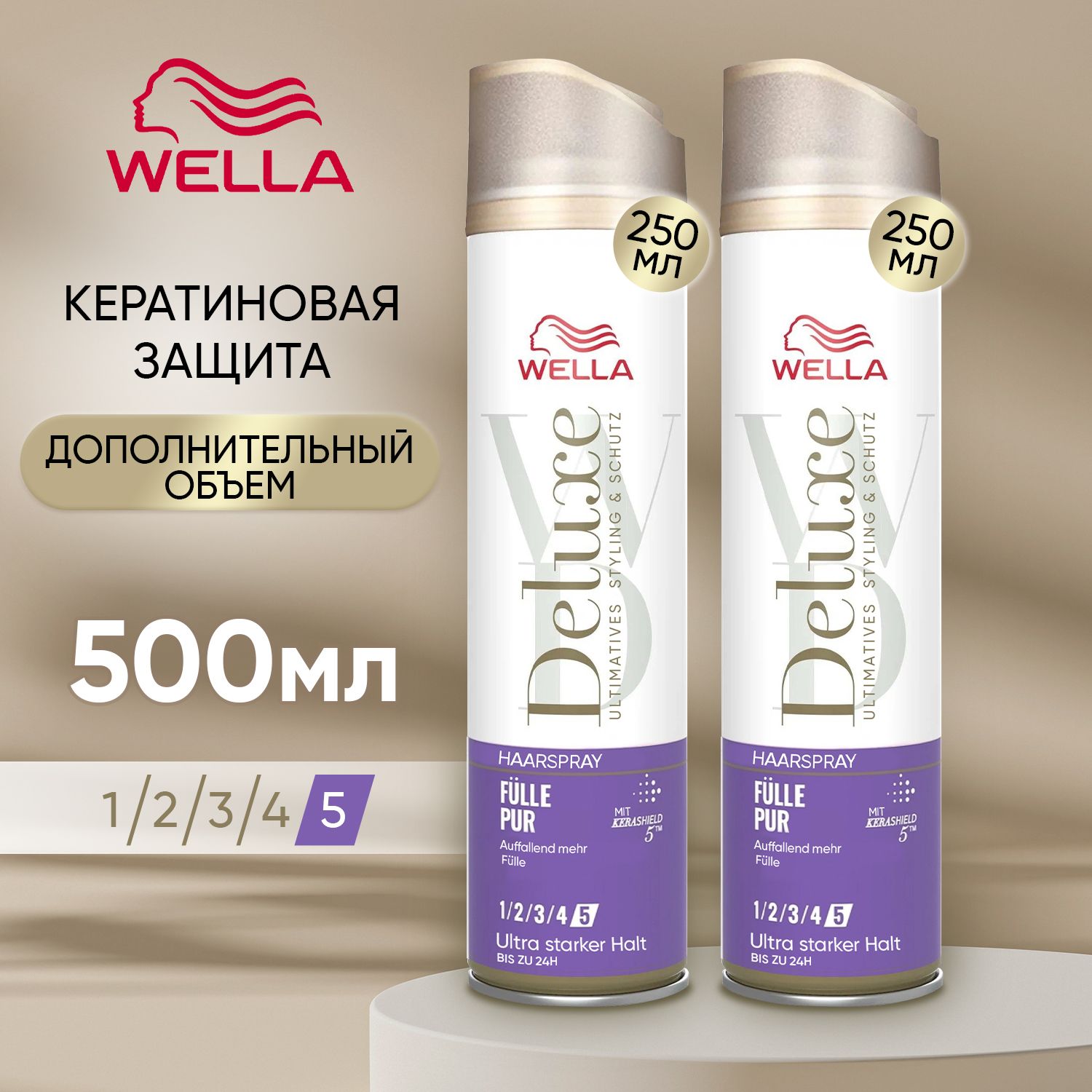 Лак для волос антистатик WELLA Deluxe сверхсильной фиксации (5 из 5) 500 мл, Кератиновая защита, Дополнитльный объем, стайлинг, средство для укладки, НАБОР (2 бутылочки по 250 мл)