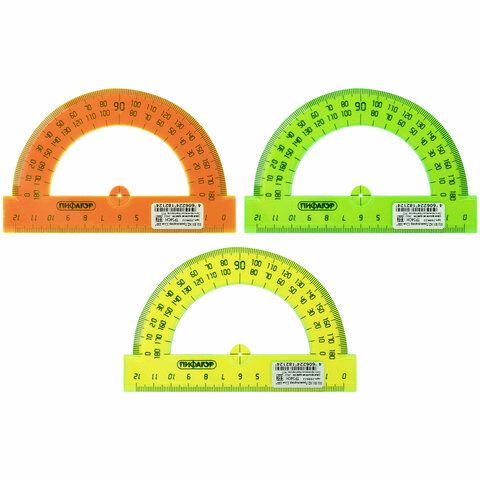 20 шт., Транспортир 12 см, 180 градусов, ПИФАГОР, прозрачный, неоновый, ассорти, 210622