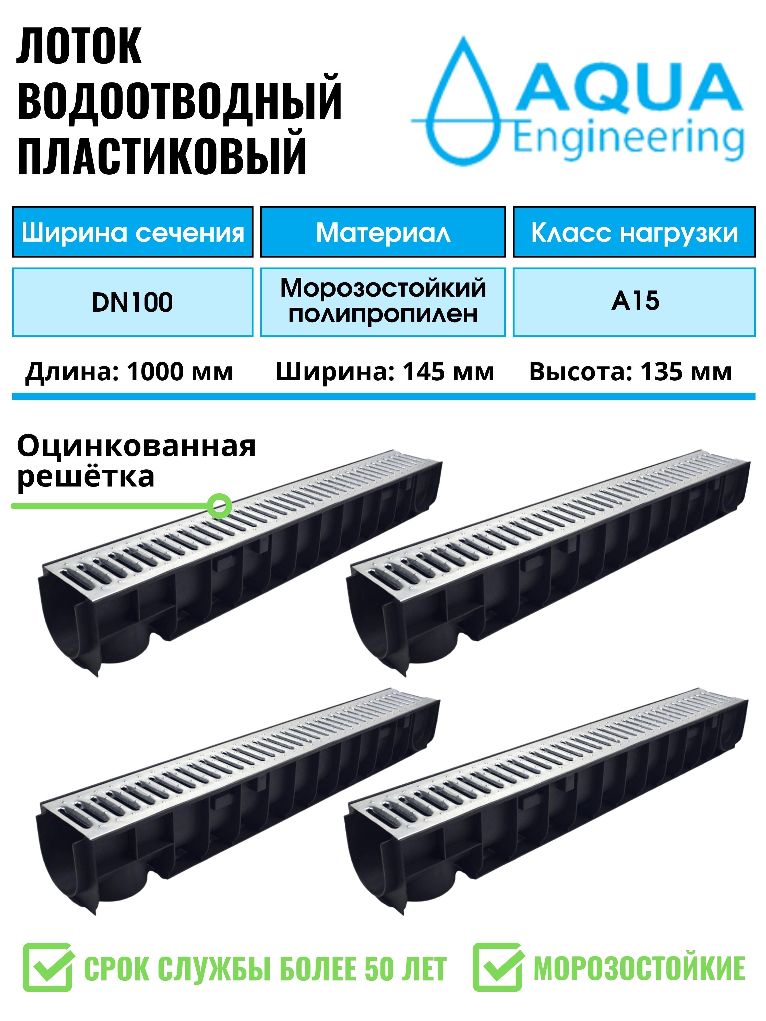 Лоток водоотводный пластиковый дренажный, с решеткой штампованной оцинкованной, 1000x145x135 (4 шт)