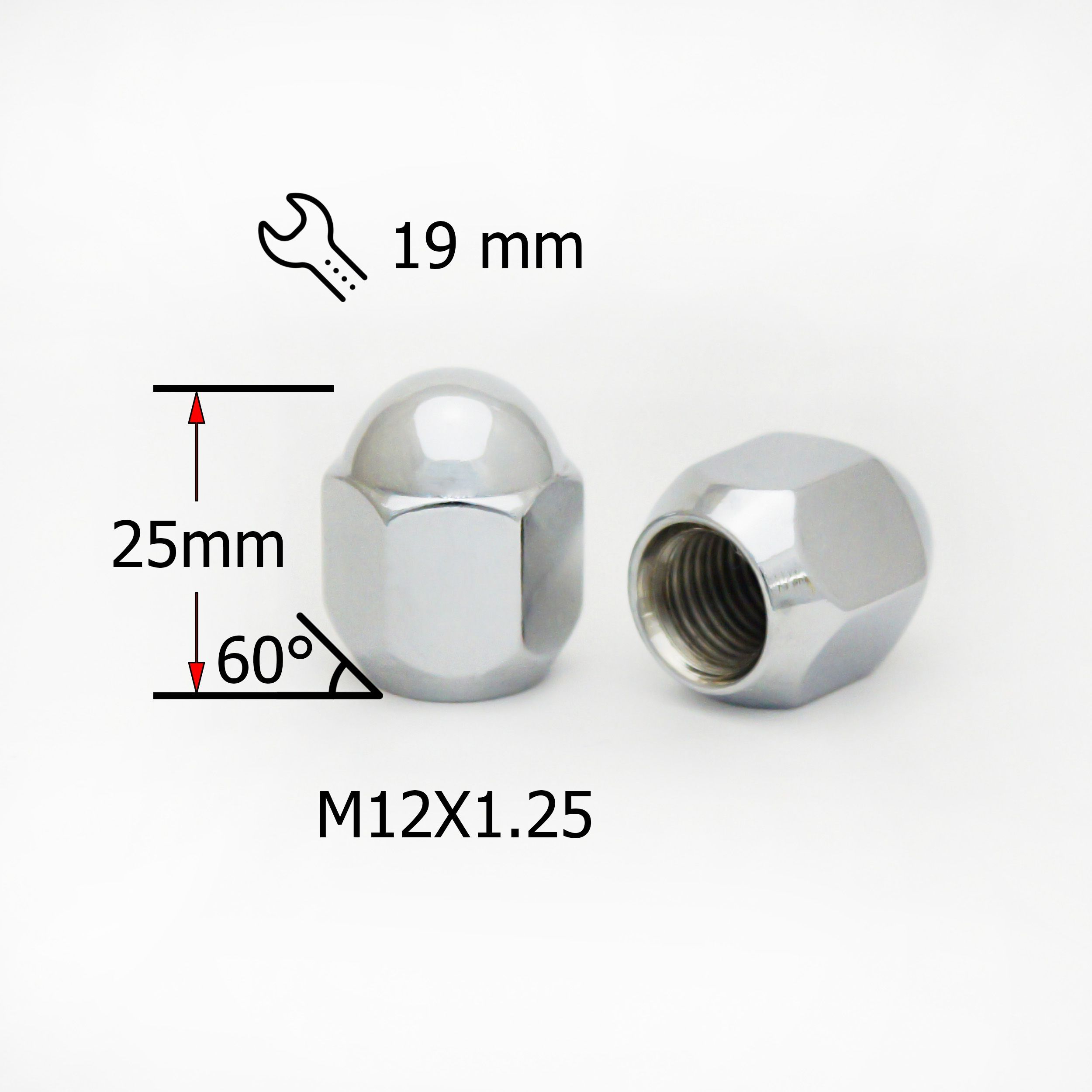 Гайка колесная M12х1,25 - 20 штук высота 25мм, Конус - 20 штук, цельная, закрытая, ключ 19мм, Хром