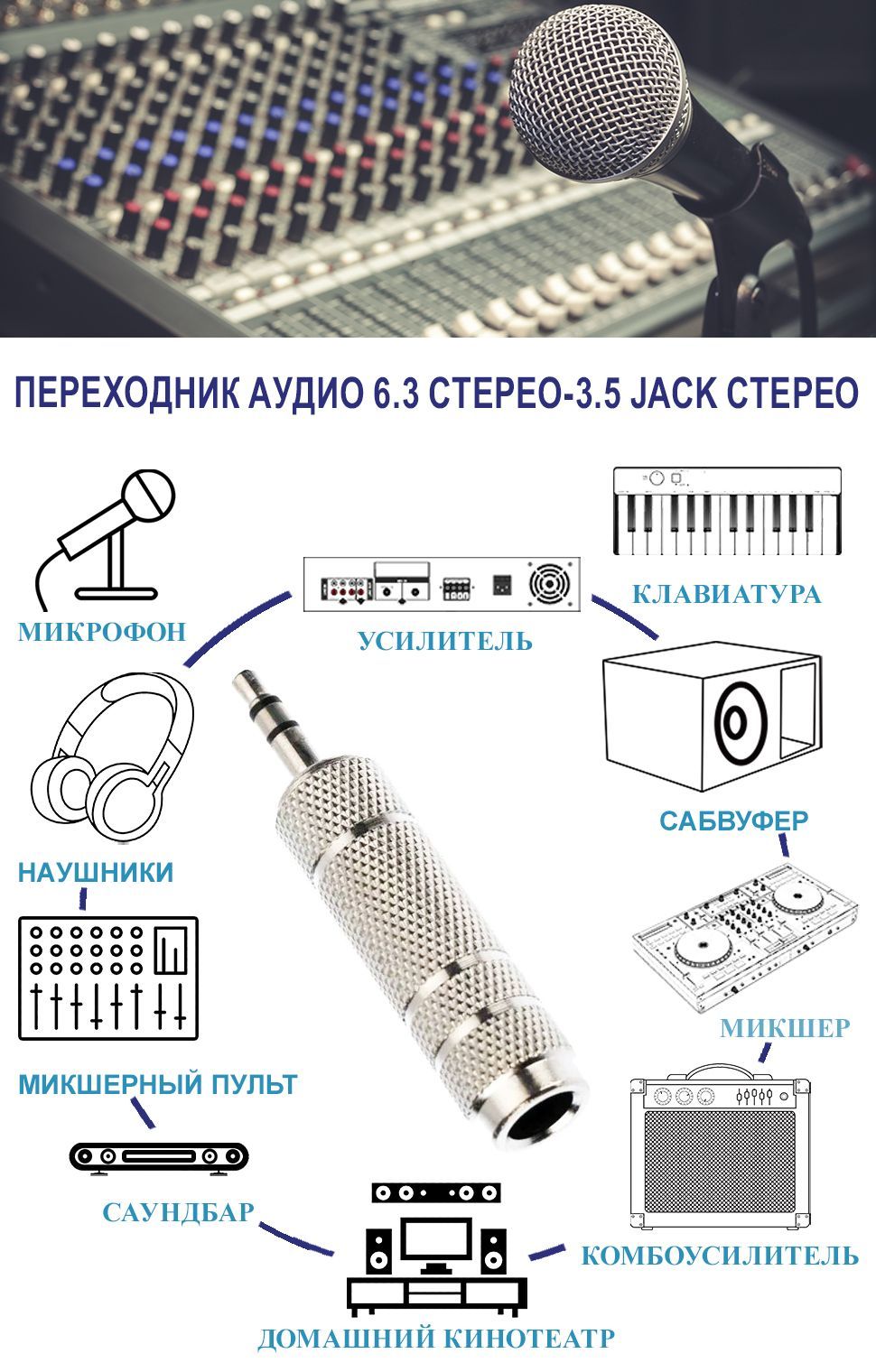 ПереходникаудиоJack3.5mmM(папа)6.5mmF(мама)адаптерджекдлянаушниковиколонок,коннектор