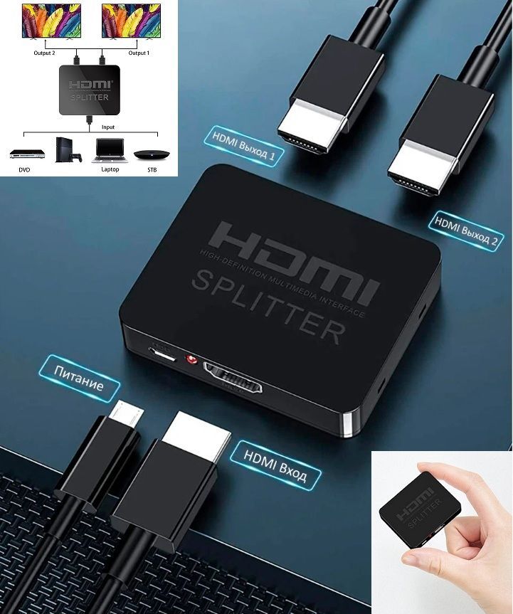 Разветвитель HDMI на 2 / HDMI Сплиттер 4К / Сплиттер HDMI 4К, на 2 выхода  с усилителем до 35m, черный