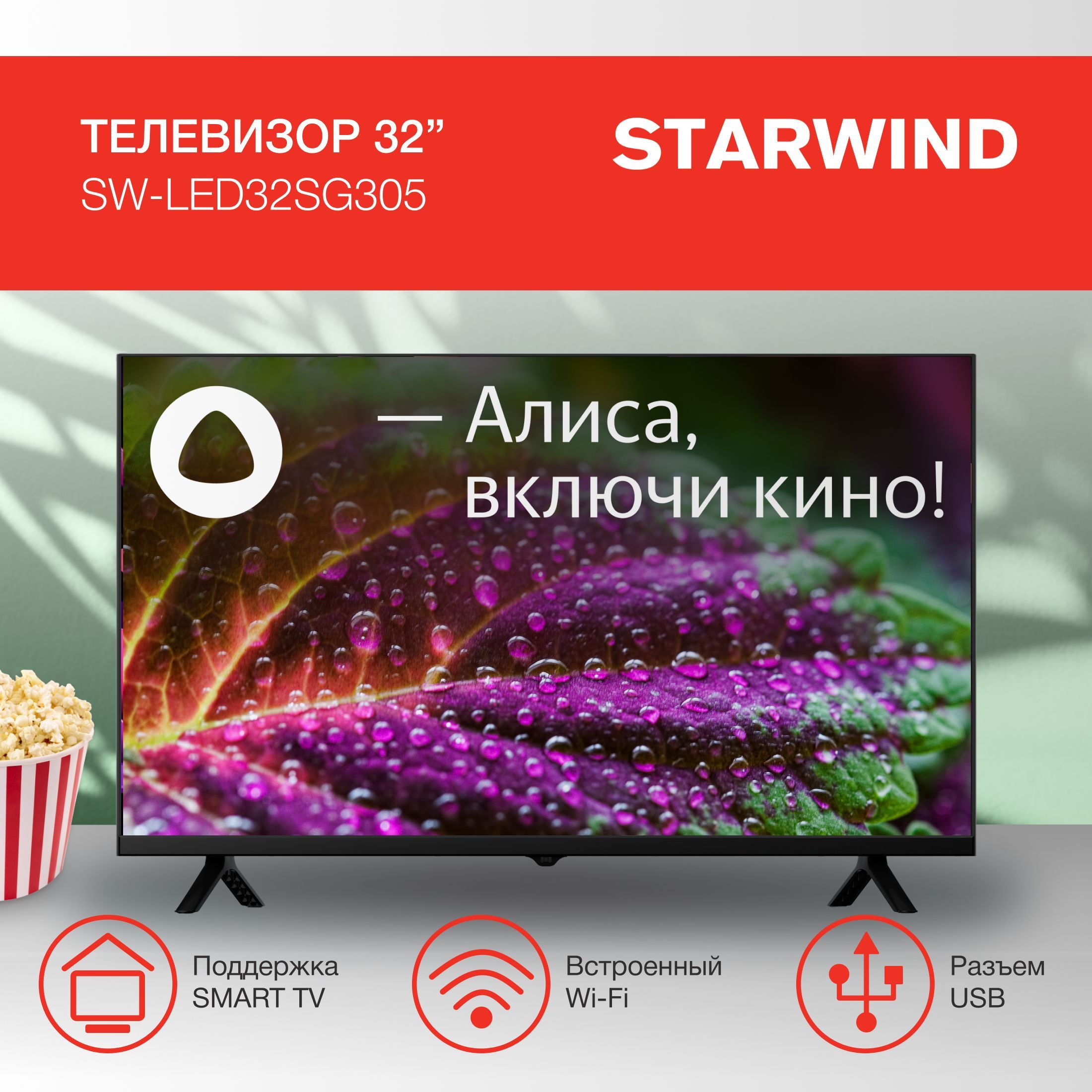 STARWINDТелевизорSW-LED32SG305Яндекс.ТВFrameless32"HD,черный