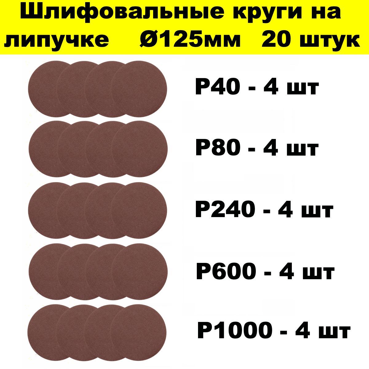 Круги шлифовальные 125 мм 20 штук набор из 5 зернистостей Р40, Р80, Р240, Р600 и Р1000