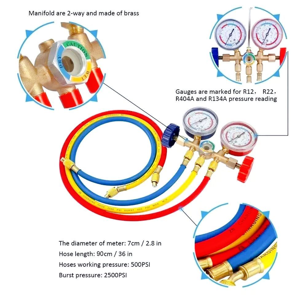 Коллектор2-ухвентильный,Манометрическаястанция(R134a;R404A;R407C;R22;R12)+3шланга90см/Коллекторманометрический,длязаправкихладагента,фреона