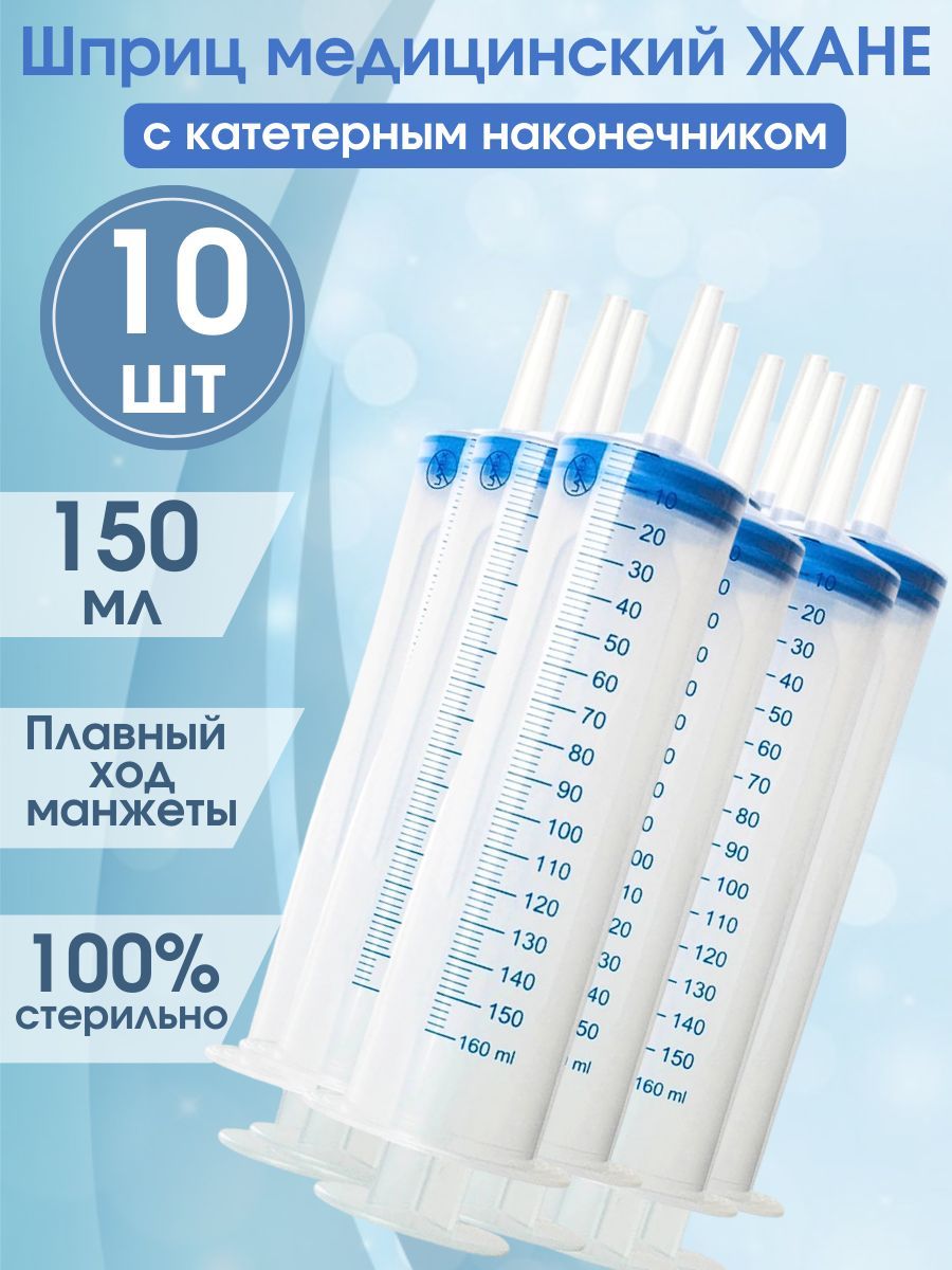 Шприц ЖАНЕ, медицинский с наконечником под катетер, 150 мл, 10 штук, кондитерский , большой для откачивания жидкостей , для смазки , автомобильный