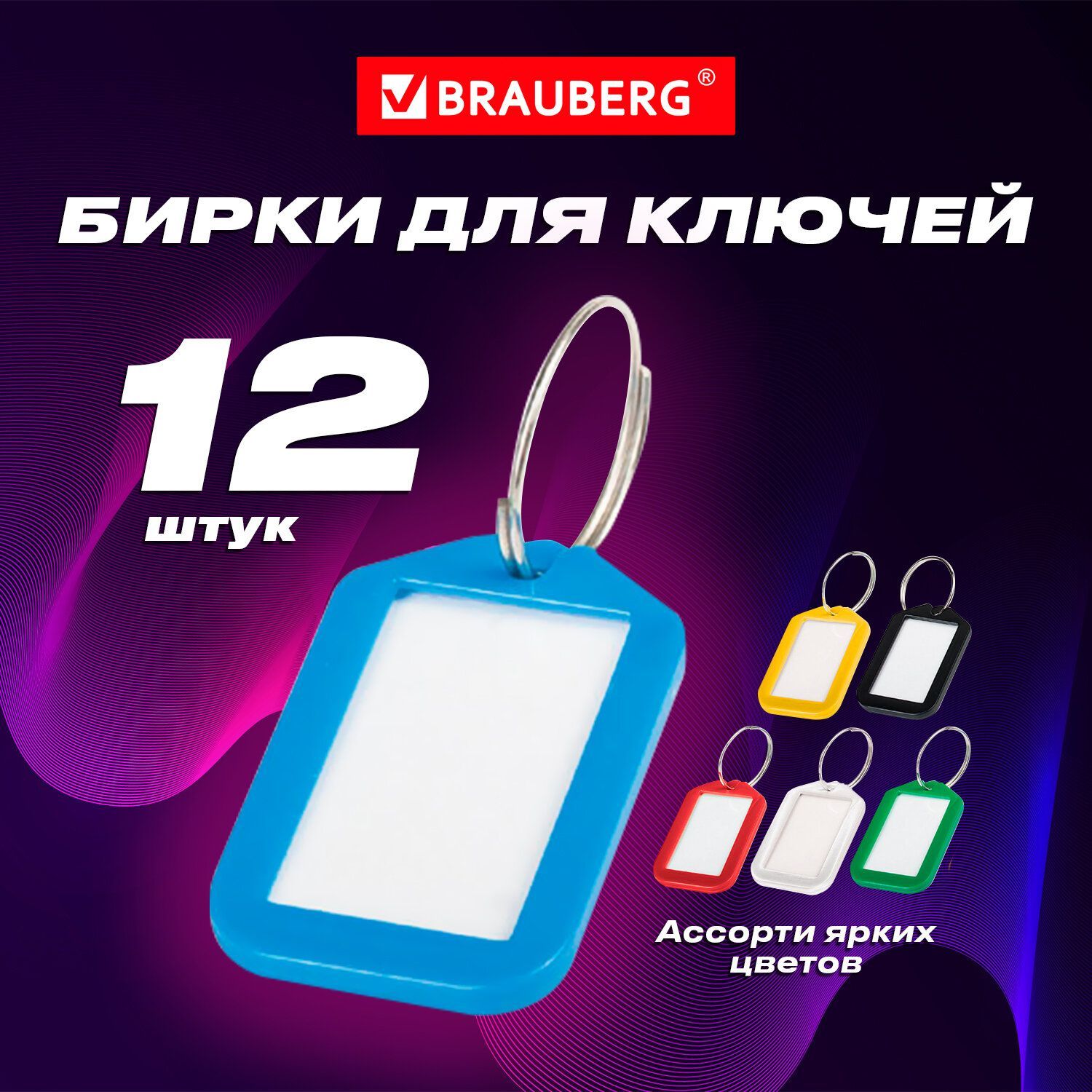 Бирки для ключей комплект 12 шт, длина 50 мм, инфо-окно 35х20 мм, ассорти, Brauberg