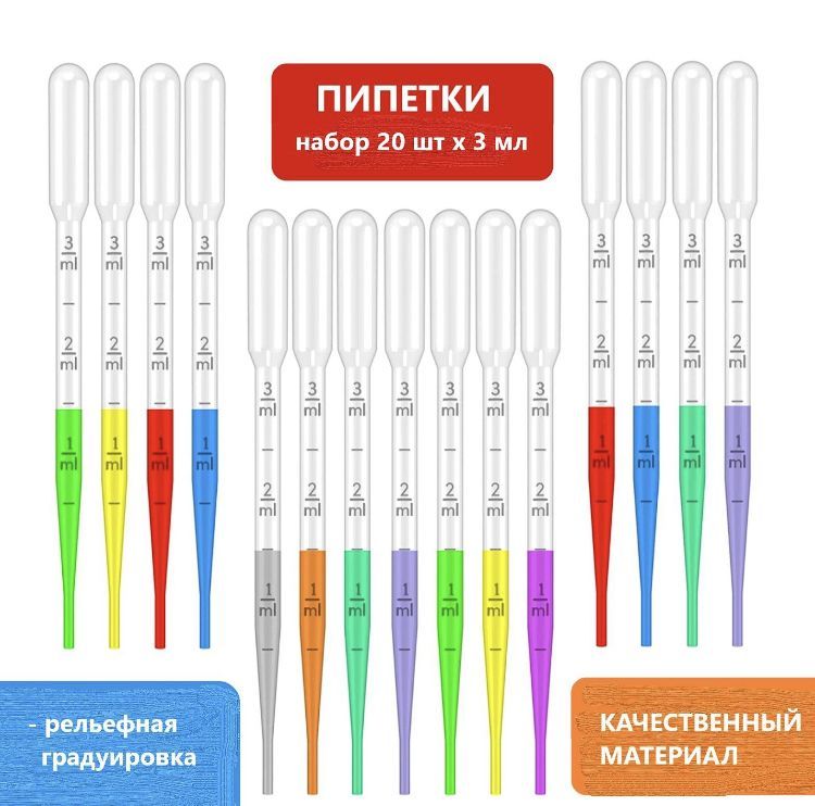 Пипетка пластиковая 3мл набор 20 шт. для опытов, мыловарения и детского творчества/ пипетка Пастера