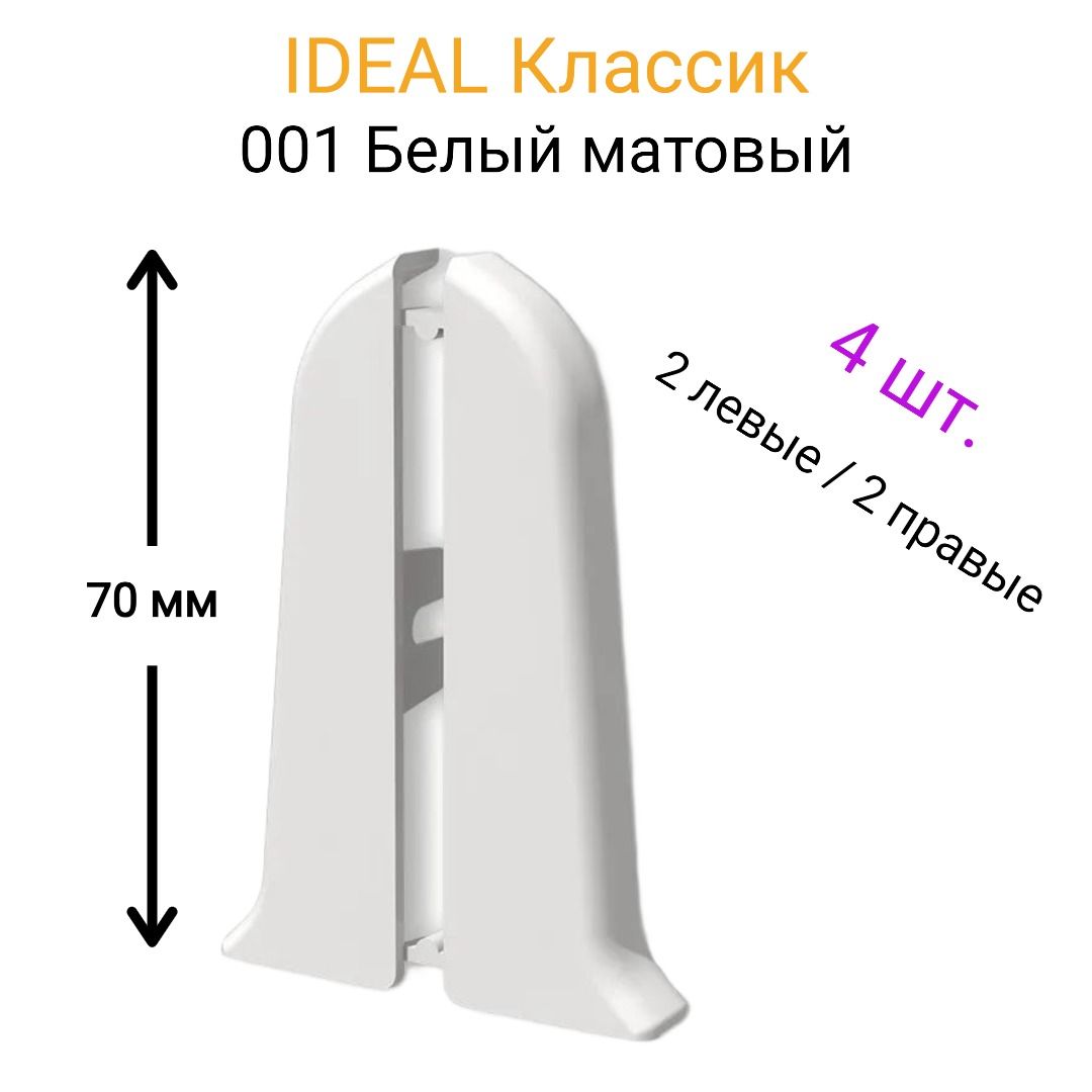 4 ШТ. Торцевая заглушка плинтуса IDEAL Классик 70мм., Цвет 001 "Белый" (2 левые, 2 правые)