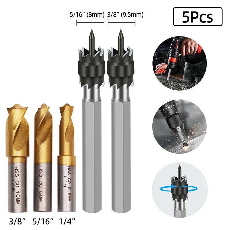 Наборсверлодлявысверливанияточечнойсварки1/4"и5/16"и3/8",HSS,инструментсвращающимсярезцом,набор5предметов.