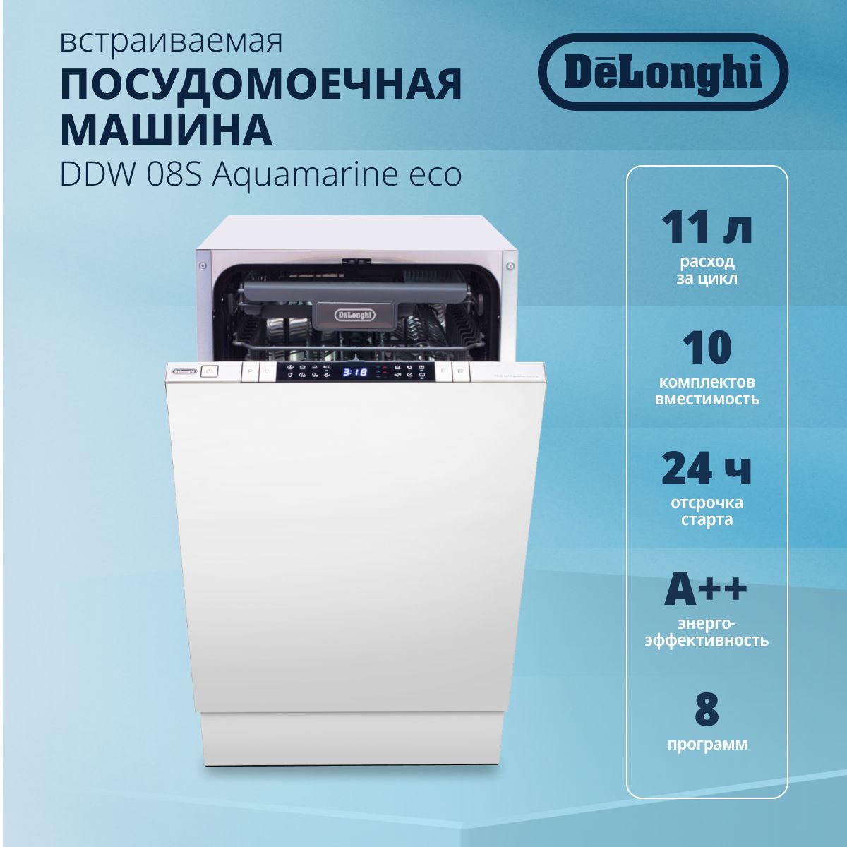 Встраиваемая Посудомоечная Машина DeLonghi DDW 08S Aquamarine Eco.