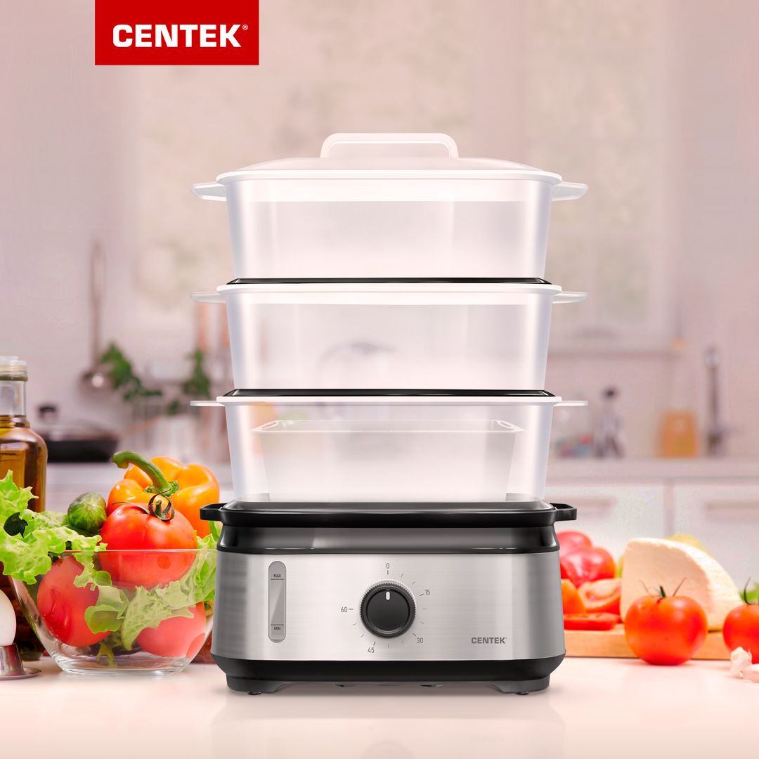 Пароварка электрическая Centek CT-1458, 9 л, 3 яруса, таймер 60 минут, чаша  для риса в комплекте