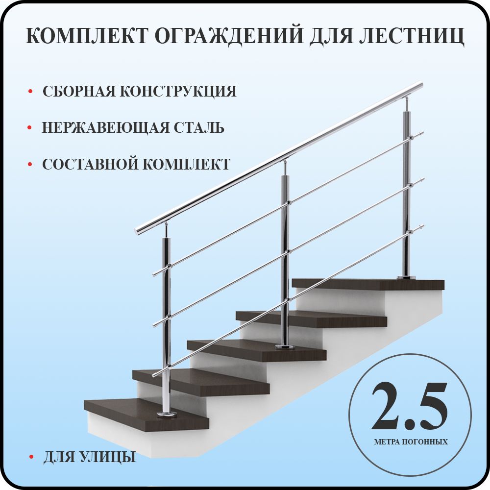 Перила для лестницы комплект из нержавеющей стали 2,5 м. п. для улицы