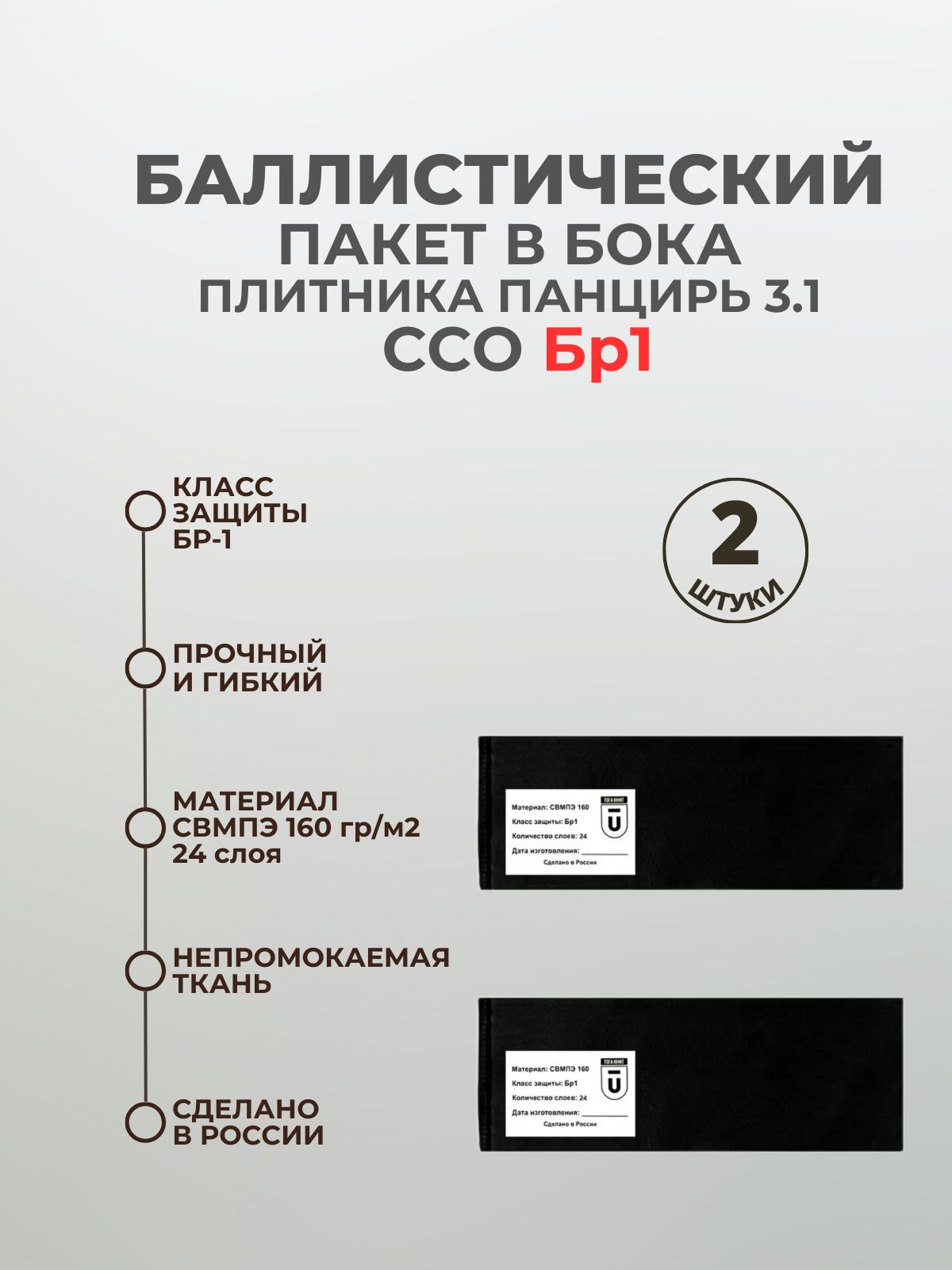 Баллистический пакет боковой Бр1 для плитника ССО Панцирь 3.1, противоосколочный пакет СВМПЭ, баллистика в бронежилет