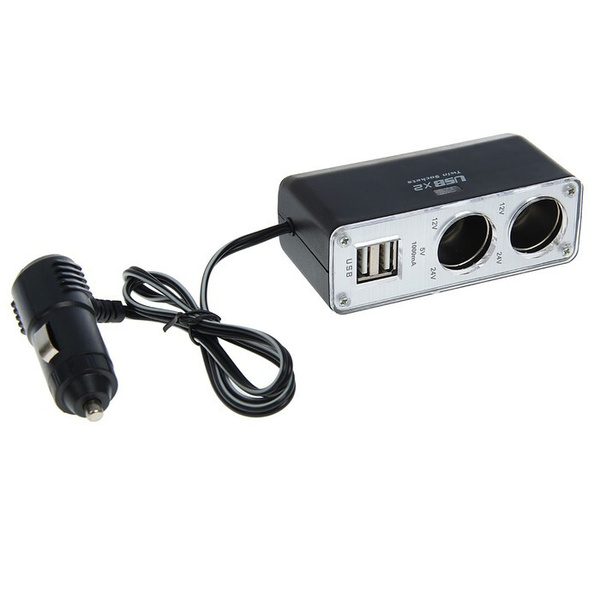 Разветвитель прикуривателя 2 гнезда, 2 USB, 12/24 В, провод 65 см ...