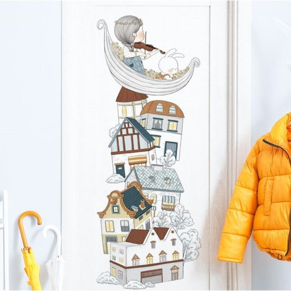 Наклейка пластик интерьерная цветная "Малышка в лодке на домиках" 30х45 ...