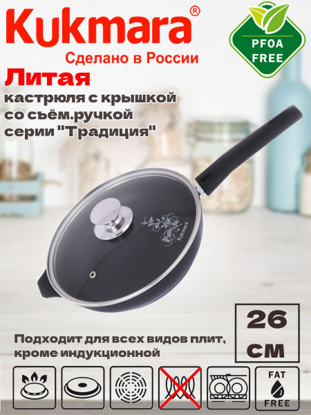 Сковорода Kukmara со съёмной руч. стекл. крышка, 26 см - купить по ...