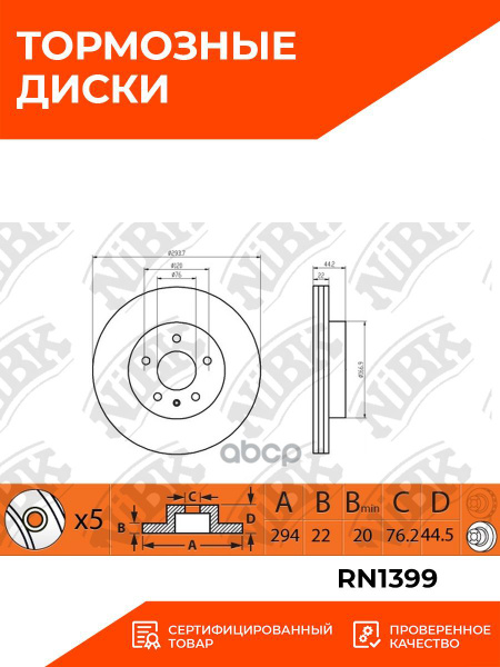 Диски тормозные задние вентилируемые RN1399 NiBK VW Multivan ...