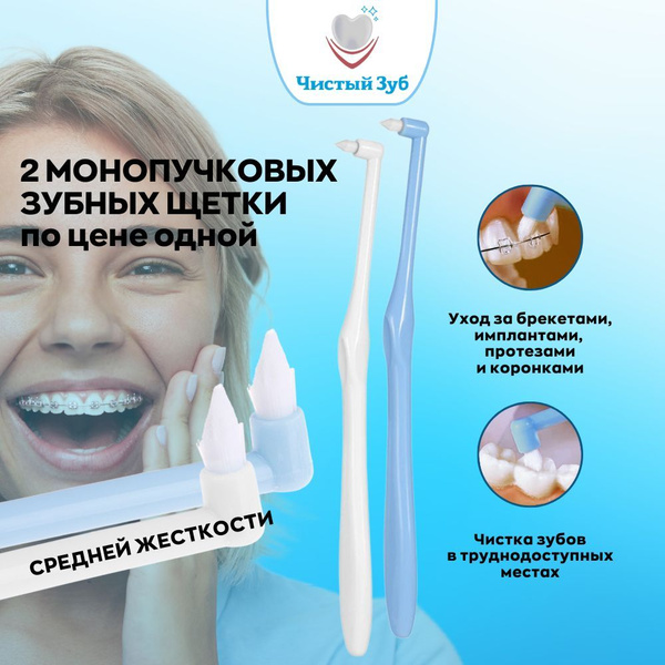 Монопучковые зубные щетки ортодонтические, комплект из двух монопучков ...